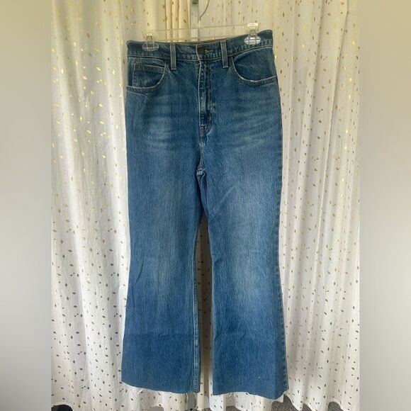 Levi's 70s Inspired High Rise Slim Fit Medium Wash Raw Edge Flare Denim Jeans 28 - Picture 5 of 13